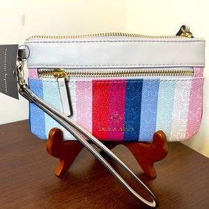 NWT Nanette Lepore Winter Stripe Logo Molie Top Zip Tech Wristlet/Organizer